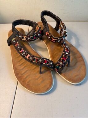 Patrizia Black Beaded Multi-Accent T-Strap Sandals